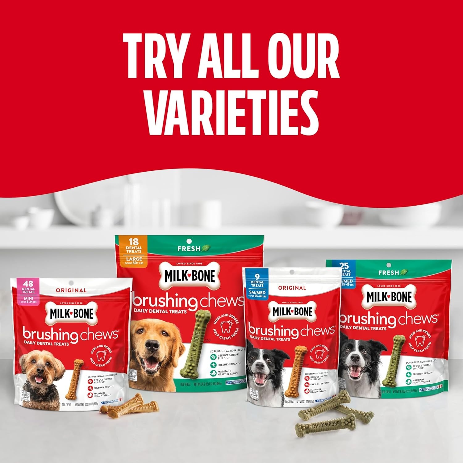image:imageMilkBone Brushing Chews SmallMedium Fresh Flavor 25 Dental Treats 196oz bag Daily dental dog treats For dogs 2549 lbs Fresh mint flavorMini