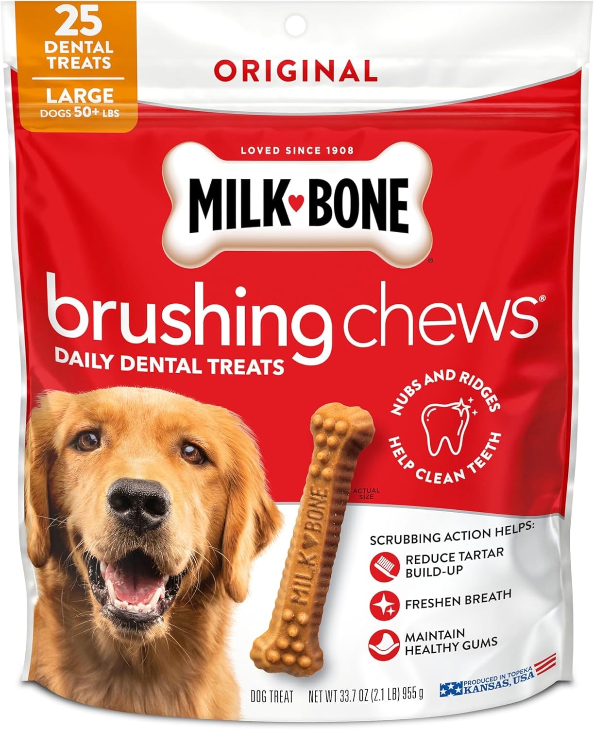 image:imageMilkBone Brushing Chews SmallMedium Original Flavor 35 Dental Treats 275oz bag Daily dental dog treats For dogs 2549 lbs Original chicken flavorChicken Large