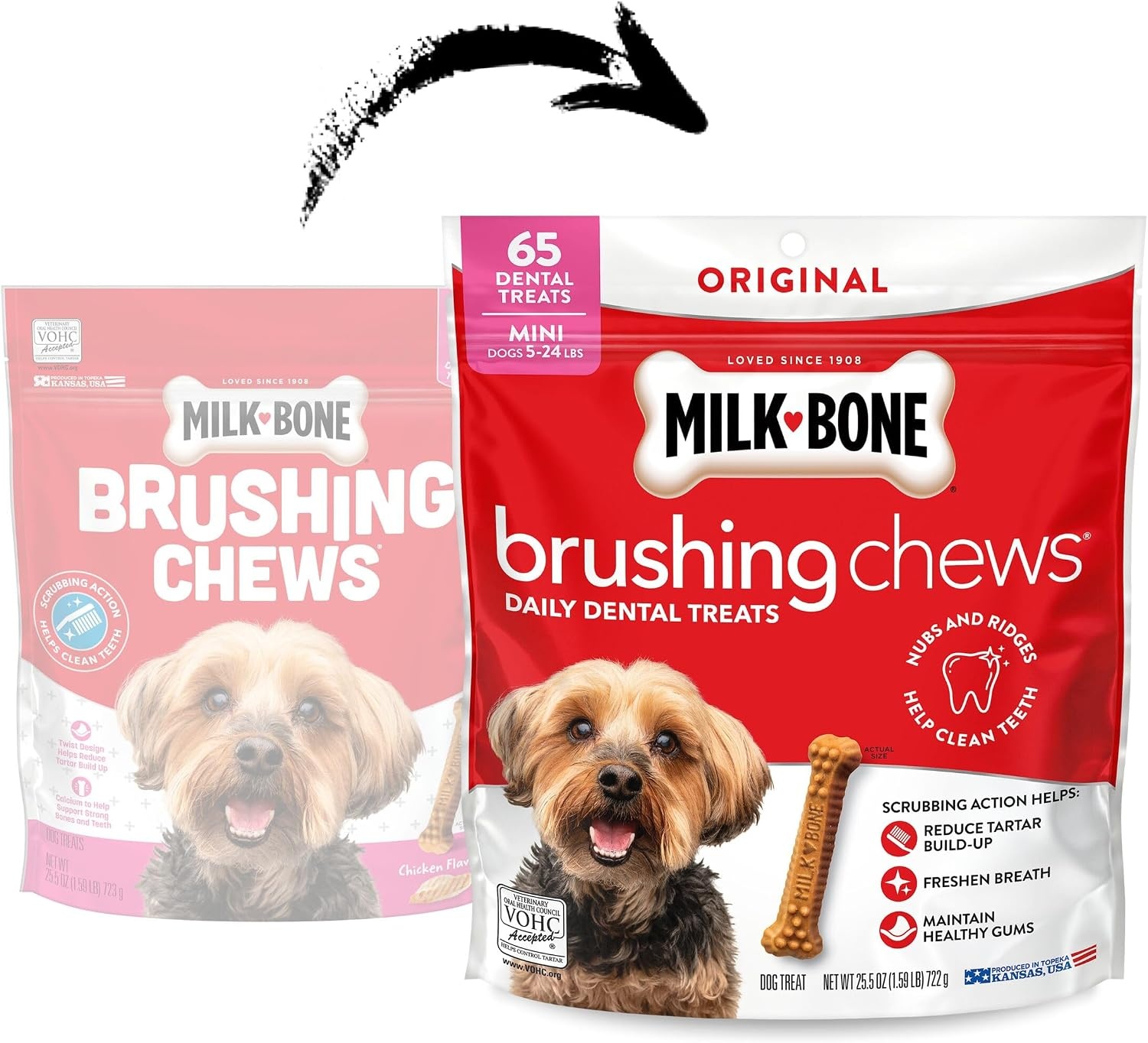 image:imageMilkBone Brushing Chews SmallMedium Original Flavor 35 Dental Treats 275oz bag Daily dental dog treats For dogs 2549 lbs Original chicken flavorChicken Mini