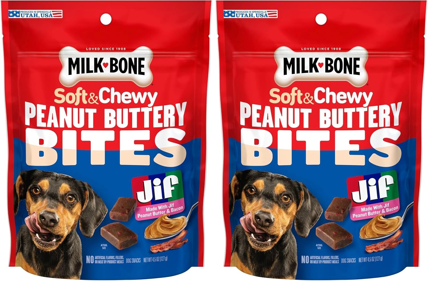image:imageMilkBone Soft amp Chewy Peanut Buttery Bites 2 Bags 24oz bags soft dog treats with Jif peanut butterPeanut Butter Bacon Bites