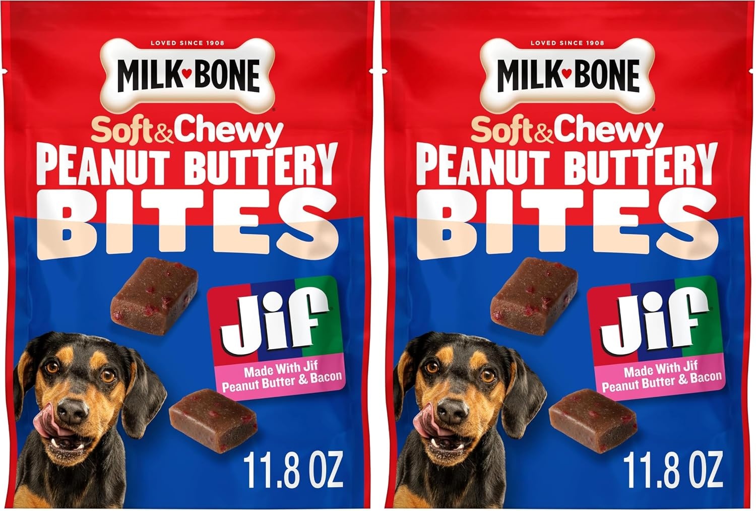 image:imageMilkBone Soft amp Chewy Peanut Buttery Bites 2 Bags 24oz bags soft dog treats with Jif peanut butterPeanut Butter Bacon Bites