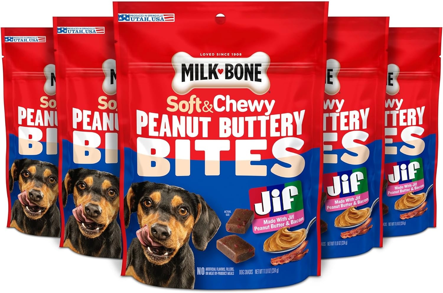 image:imageMilkBone Soft amp Chewy Peanut Buttery Bites 2 Bags 24oz bags soft dog treats with Jif peanut butterPeanut Butter Bacon Bites