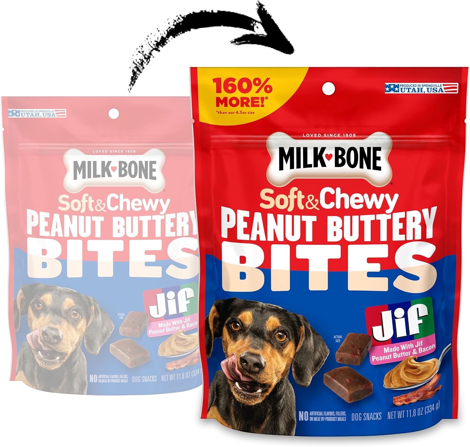 image:imageMilkBone Soft amp Chewy Peanut Buttery Bites 2 Bags 24oz bags soft dog treats with Jif peanut butterPeanut Butter Bacon Bites