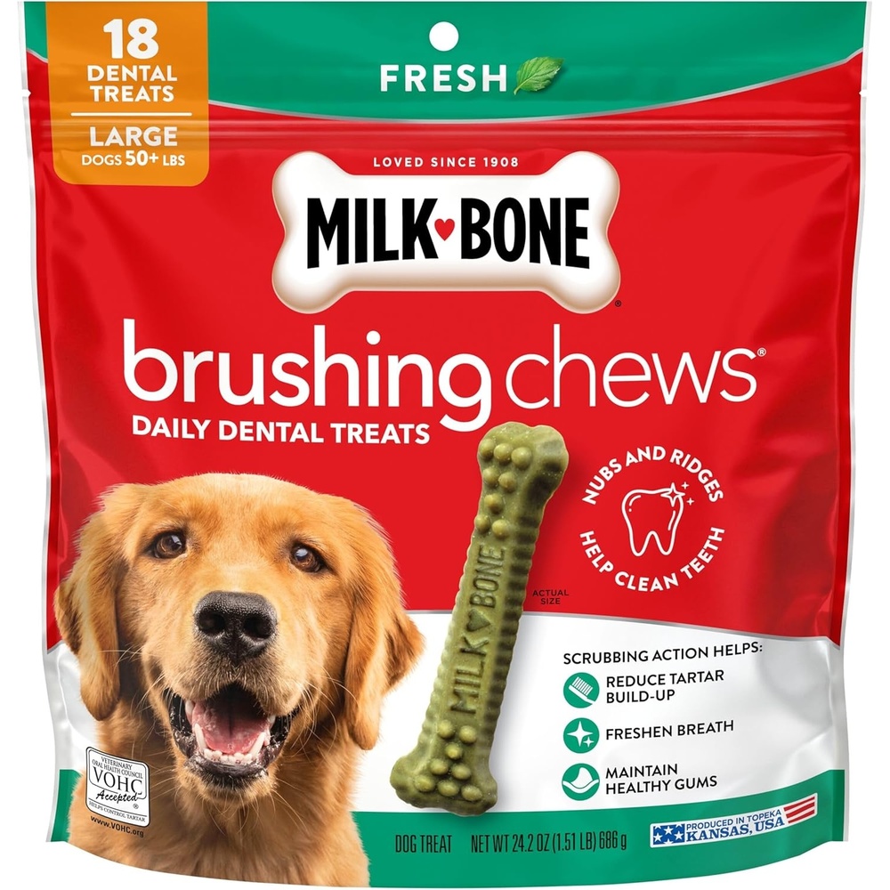 image:imageMilkBone Brushing Chews SmallMedium Fresh Flavor 25 Dental Treats  196oz bag Daily dental dog treats For dogs 2549 lbs Fresh mint flavorLarge