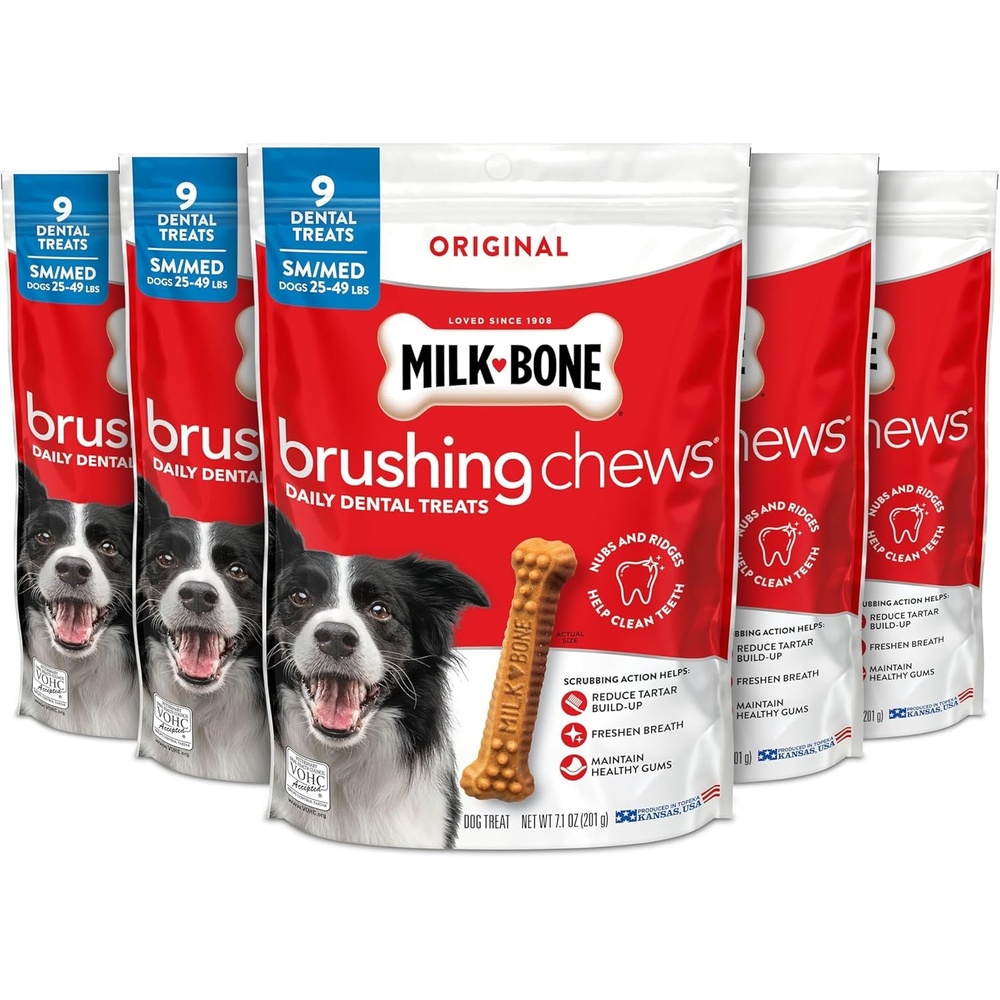 image:imageMilkBone Brushing Chews SmallMedium Original Flavor 35 Dental Treats 275oz bag Daily dental dog treats For dogs 2549 lbs Original chicken flavorChicken SmallMedium