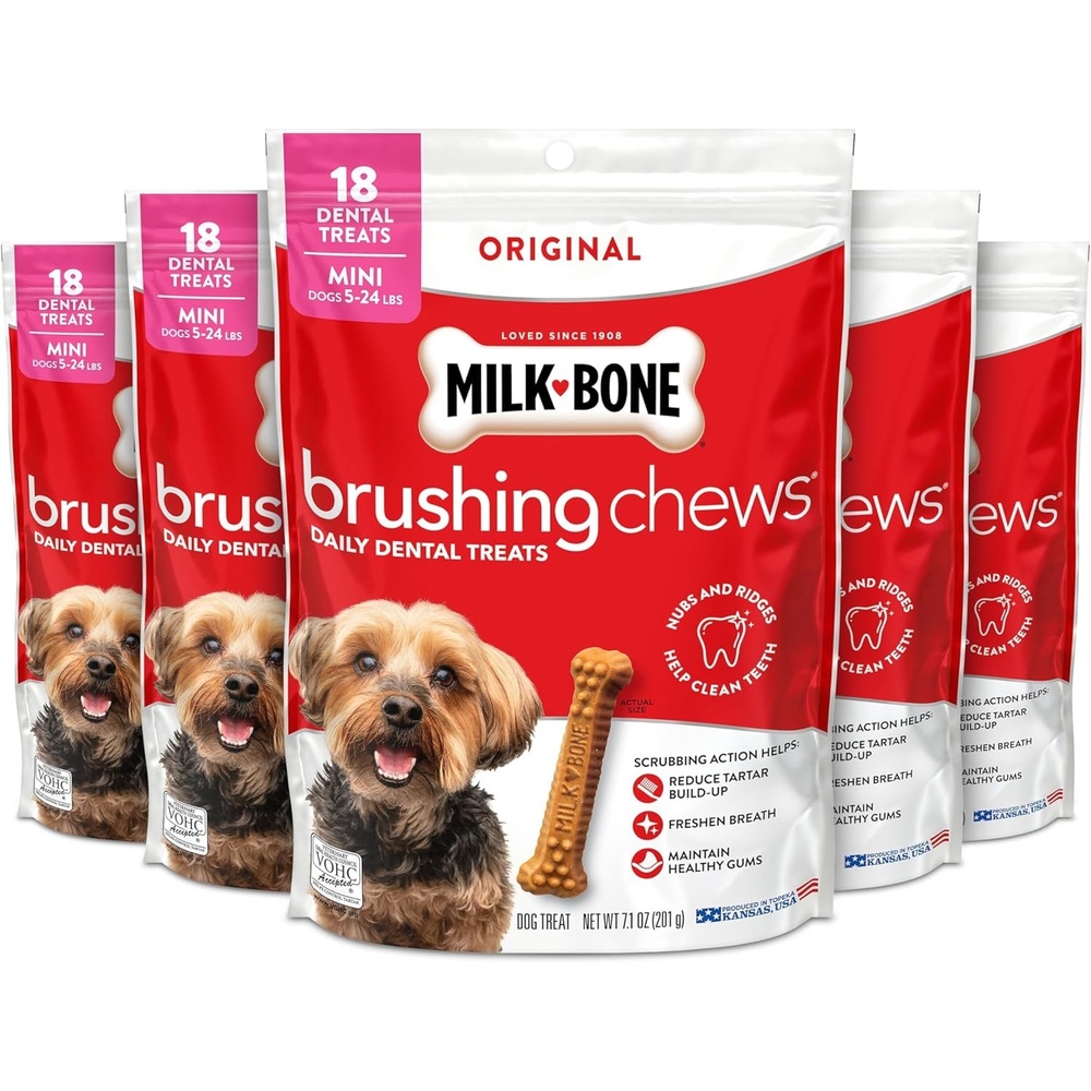 image:imageMilkBone Brushing Chews SmallMedium Original Flavor 35 Dental Treats  275oz bag Daily dental dog treats For dogs 2549 lbs Original chicken flavorChicken Mini