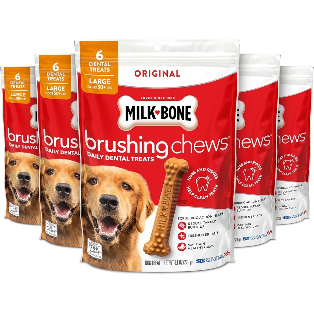image:imageMilkBone Brushing Chews SmallMedium Original Flavor 35 Dental Treats 275oz bag Daily dental dog treats For dogs 2549 lbs Original chicken flavorChicken Large