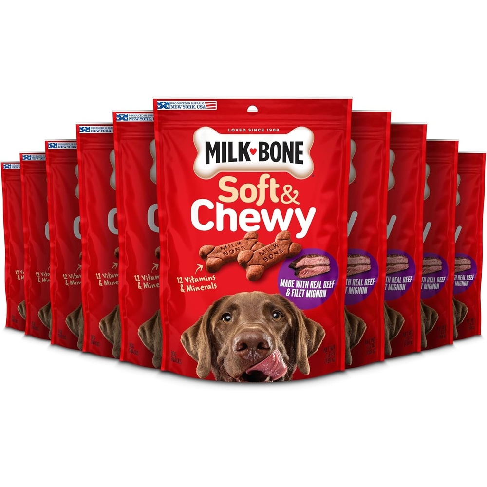 image:imageMilkBone Soft amp Chewy Dog Treats with Real Beef amp Filet Mignon 10 Pouches 56oz pouches tender tempting dog treats easy to chew for dogs of all ages and sizesBeef Filet Mignon