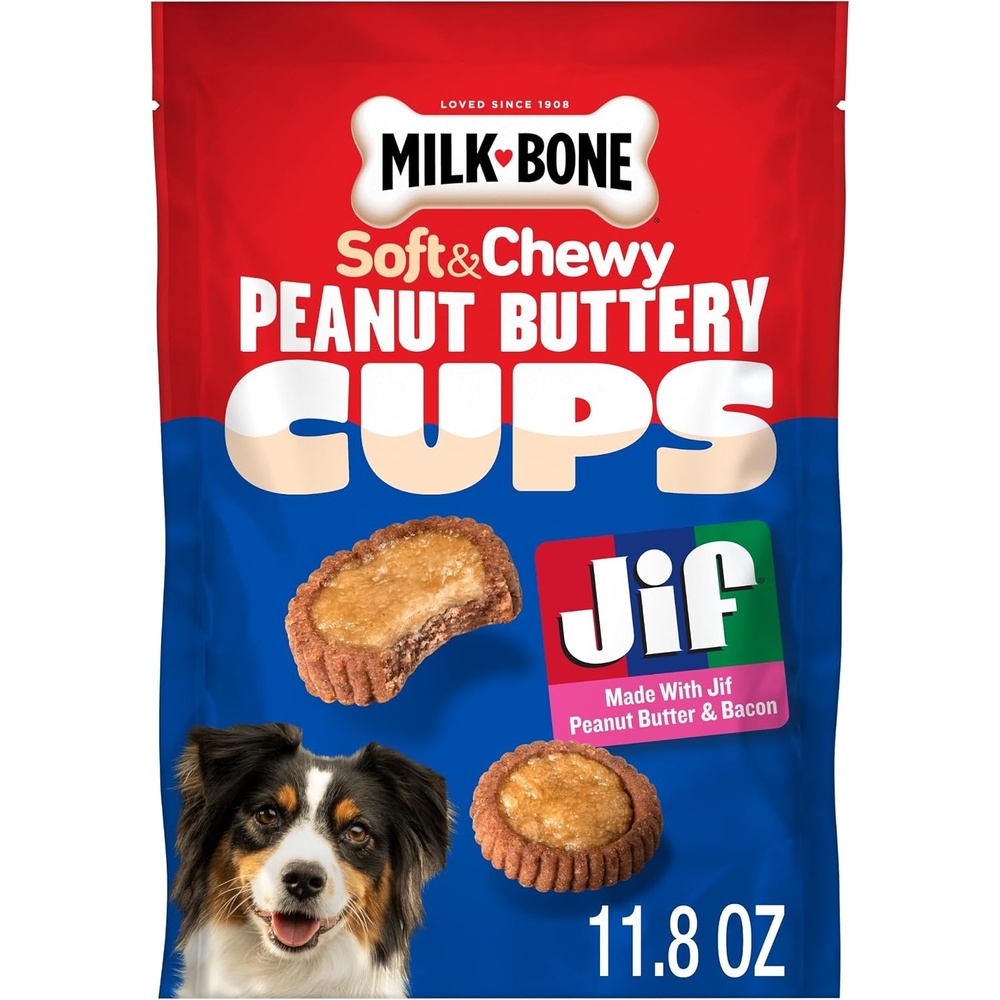 image:imageMilkBone Soft amp Chewy Peanut Buttery Bites 2 Bags  24oz bags soft dog treats with Jif peanut butterPeanut Butter  Bacon Cups
