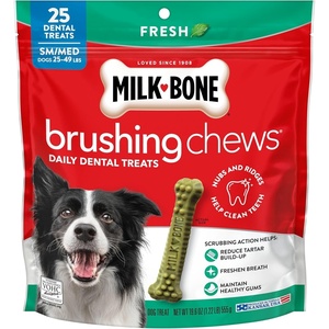 Milk-Bone Brushing Chews, Small/Medium, Fresh Flavor, 25 Dental Treats | 19.6-oz. bag, Daily dental dog treats, For dogs 25-49 lbs., Fresh mint flavor(Small/Medium)