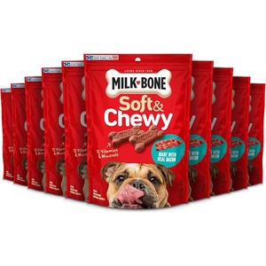 Milk-Bone Soft & Chewy Dog Treats with Real Beef & Filet Mignon, 10 Pouches | 5.6-oz. pouches, tender, tempting dog treats, easy to chew, for dogs of all ages and sizes(Bacon)