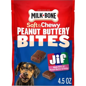 Milk-Bone Soft & Chewy Peanut Buttery Bites, 2 Bags | 24-oz. bags, soft dog treats with Jif peanut butter(Peanut Butter & Bacon Bites)